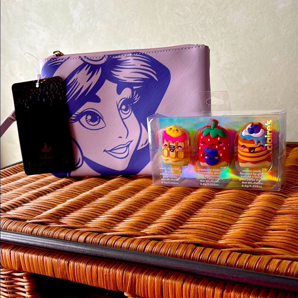 Disney Purple and Pink Bag 8 X 5.5 Gold Zip and Claire’s lip gloss